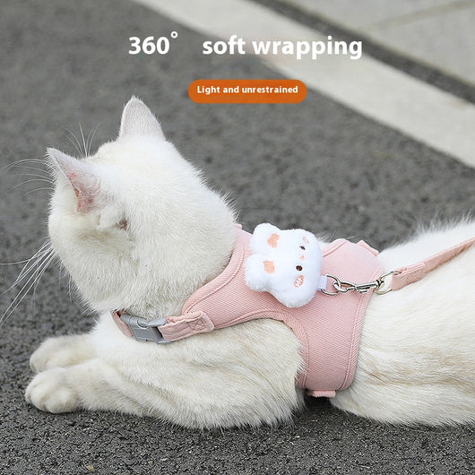 Pink corduroy pet harness and leash set with a white plush rabbit design, shown with a size chart. - Image 3