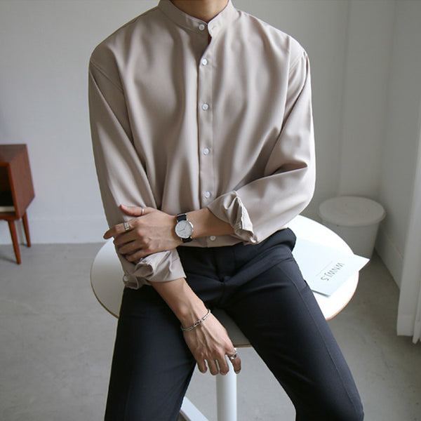 Camisa Coreana Cuello de Pie Manga Larga para Hombre