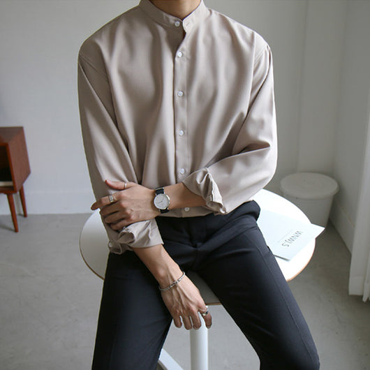 Camisa Coreana Cuello de Pie Manga Larga para Hombre