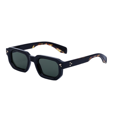 Men's square frame sunglasses with a two-tone brown and black frame, dark green lenses, and tortoise shell temples. - Image 9