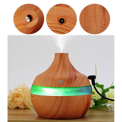 Wood grain aromatherapy USB humidifier with water drop shape, lid open, showing internal components and LED light options. - Image 4