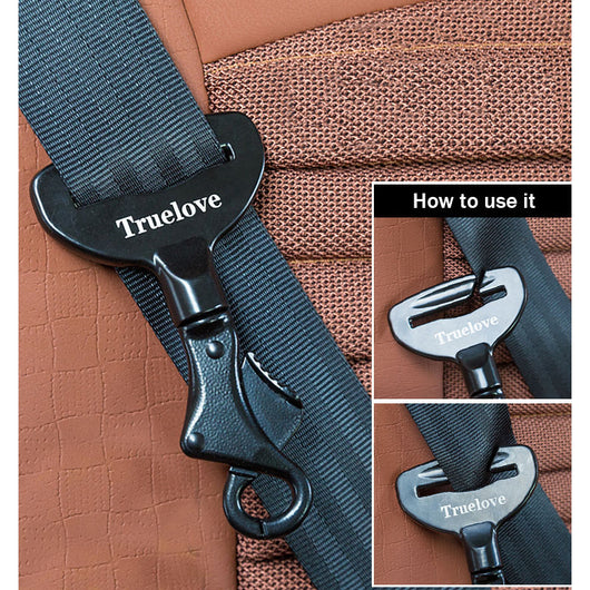 Black metal pet car safety buckle with a top slot for seatbelt and a swivel snap hook, featuring 'Truelove' branding. - Image 6