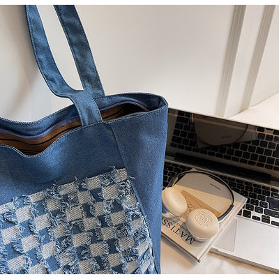 Bolsa Tote de Mezclilla Lavada con Patrón Escocés y Gran Capacidad - Image 15