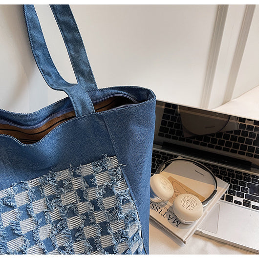 Bolsa Tote de Mezclilla Lavada con Patrón Escocés y Gran Capacidad - Image 15