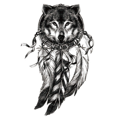 Tatuaje Temporal Cabeza de Lobo Negro - Adhesivo Dreamcatcher