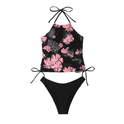Black halter-neck tankini swimsuit with pink and white floral print, paired with solid black high-cut bikini bottoms. - Image 5