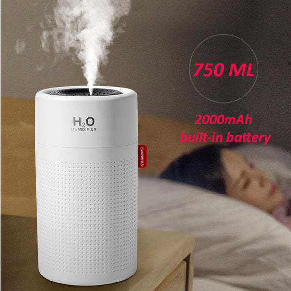 White cylindrical USB rechargeable wireless ultrasonic aromatherapy water mist diffuser lamp with H₂O HUMIDIFIER text.