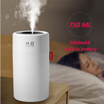 White cylindrical USB rechargeable wireless ultrasonic aromatherapy water mist diffuser lamp with H₂O HUMIDIFIER text.
