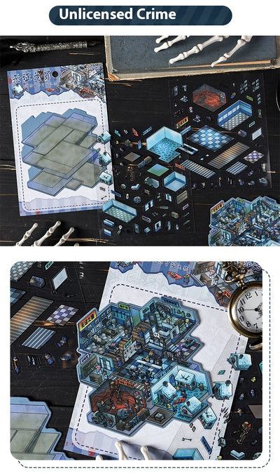 Cartoon 'Madhouse' themed PET sticker set with a multi-level hospital scene and individual character/object stickers. - Image 17