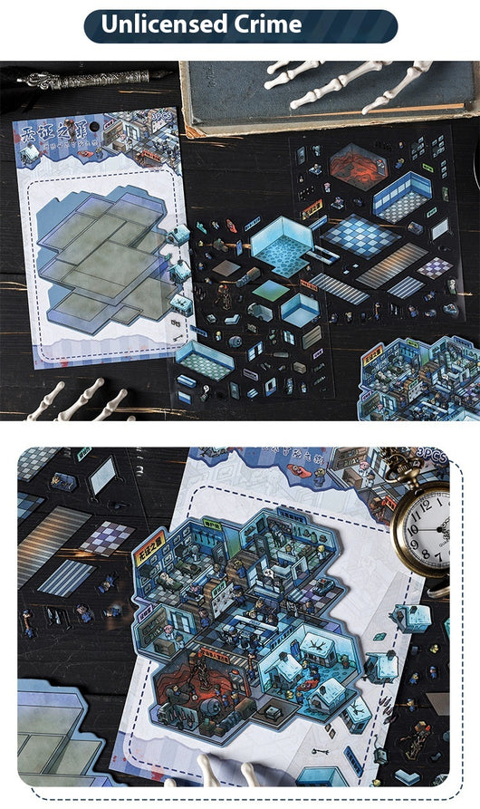 Cartoon 'Madhouse' themed PET sticker set with a multi-level hospital scene and individual character/object stickers. - Image 17
