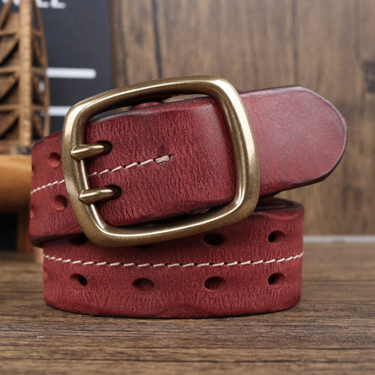 Cinturón de Cuero Premium con Hebilla Brass Retro y Costura Doble Aguja para Hombre - Image 9