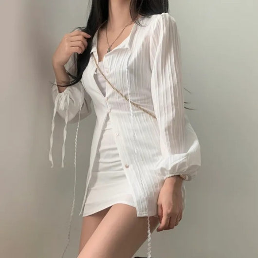 Conjunto Elegante de Diseño Francés: Blusa Ajustada con Protección Solar y Falda Esbeltecedora - Image 2