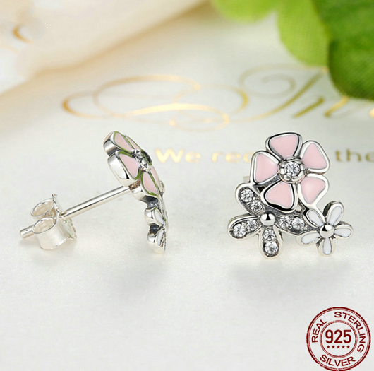 Aretes Florales de Cerezo y Margarita en Plata de Ley 925 - Image 3
