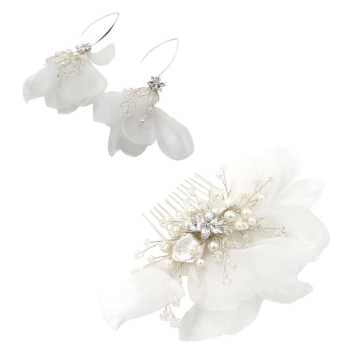 Juego de Peineta Nupcial con Flores de Organza y Aretes Delicados - Image 11