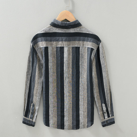 Camisa Masculina de Linho Manga Longa Listrada Coordenada
