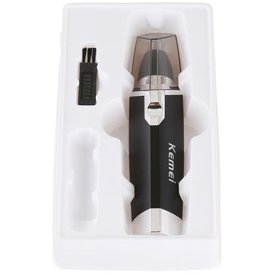Black and silver Kemei KM-6512 dry battery electric nose hair trimmer with a sleek design. - Image 2
