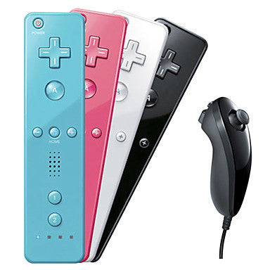 White Wii remote with a light blue silicone sleeve and a white Nunchuk controller with a grey wrist strap.