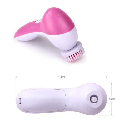 White electric facial cleanser with multiple brush and sponge attachments in an open translucent teal carrying case. - Image 3