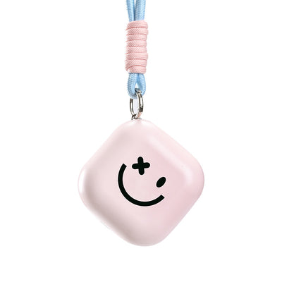 Light green square hand warmer with rounded corners and a black smiley face, hanging from a two-tone lanyard. - Image 8