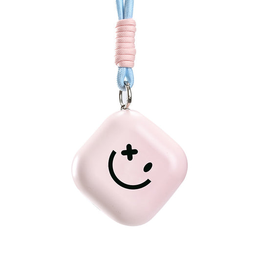 Light green square hand warmer with rounded corners and a black smiley face, hanging from a two-tone lanyard. - Image 8