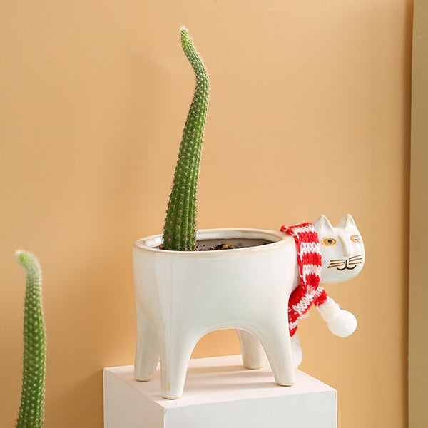 Maceta Decorativa de Cerámica con Diseño de Gato y Cactus
