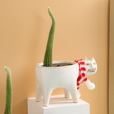 Maceta Decorativa de Cerámica con Diseño de Gato y Cactus - Image 2