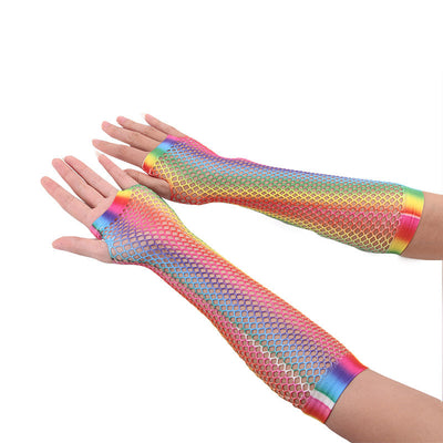 Guantes de Red Arcoíris Sin Dedos - Estilo Fishnet Largo