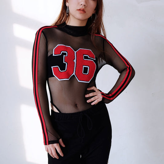 Body Transparente Mesh de Manga Larga - Diseño Rayado Otoño Invierno