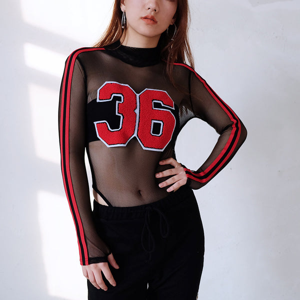 Body Transparente Mesh de Manga Larga - Diseño Rayado Otoño Invierno