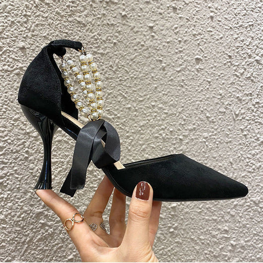 Sandalias Negras Puntiagudas con Tira de Perlas - Estilo Hada Sexy - Image 5