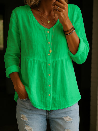 Camisa Holgada de Algodón y Lino con Cuello V y Botones - Image 9
