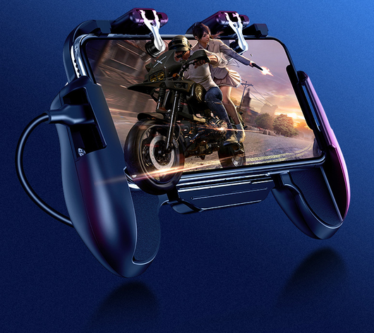 Dark blue smartphone game controller with integrated cooling fan and silver trigger buttons for mobile gaming. - Image 4