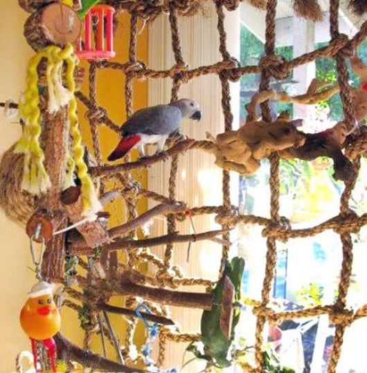 Natural hemp rope climbing net for birds, featuring a square grid pattern with knotted intersections. - Image 3