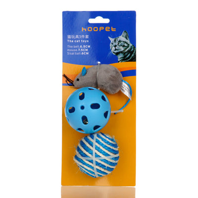 Cat toy set with a gray plush mouse, a blue plastic jingle ball, and a blue and white sisal rope ball. - Image 3