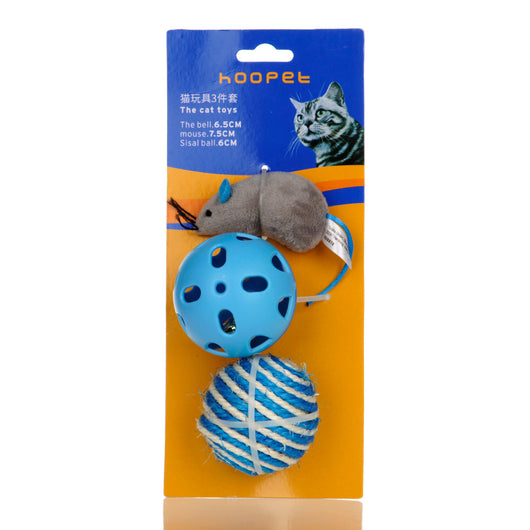 Cat toy set with a gray plush mouse, a blue plastic jingle ball, and a blue and white sisal rope ball. - Image 3