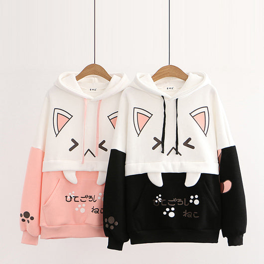 Sudadera Universitaria Gato Cartoon con Capucha y Forro de Terciopelo