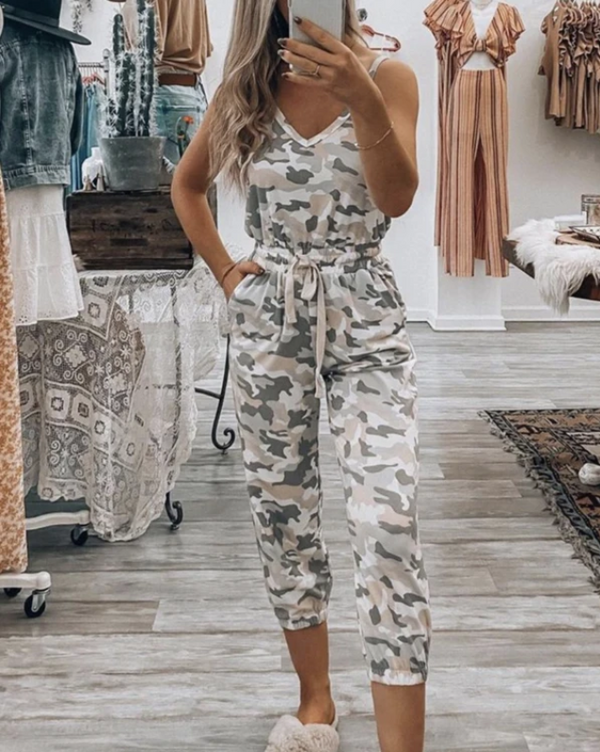 Jumpsuit Estampado con Escote en V y Cintura Ajustable