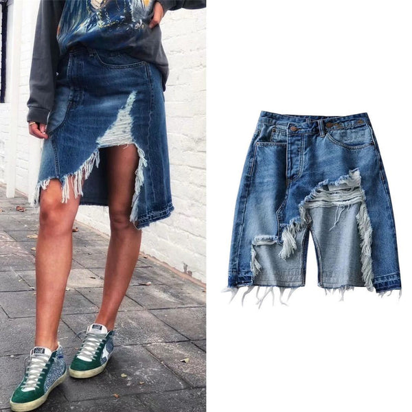 Falda Denim Irregular con Borde Crudo