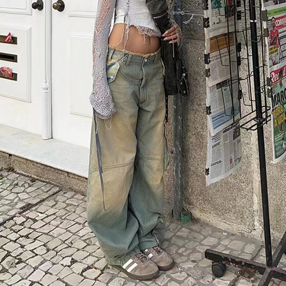 Jeans Sueltos Tiro Bajo Efecto Desgastado con Bolsillos y Costuras Decorativas