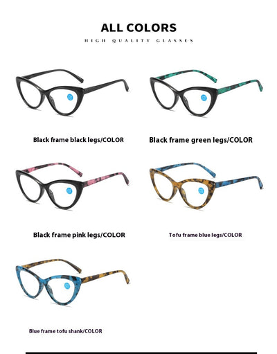 Black cat-eye anti-blue light reading glasses with green patterned temples on a white background. - Image 21