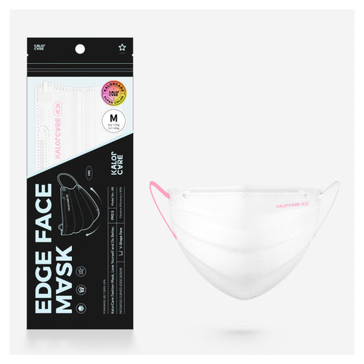 White V-shape face mask with pink ear loops, packaged in a clear and black pouch, size S, by Kalor Cvre. - Image 18