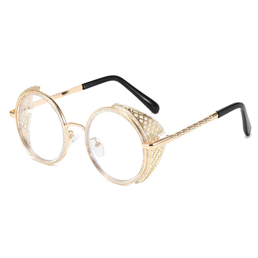 Round gold-framed sunglasses with light blue lenses and decorative side shields, featuring black temple tips. - Image 13