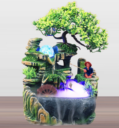 Resin desktop fountain with simulation rockery, a green bonsai tree, glowing orb, and water wheel. Measures 30cm tall. - Image 4