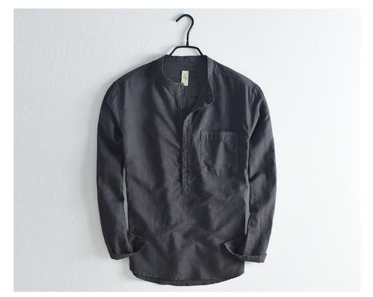 Camisa Casual de Lino y Algodón con Cuello Mao para Hombre - Image 8