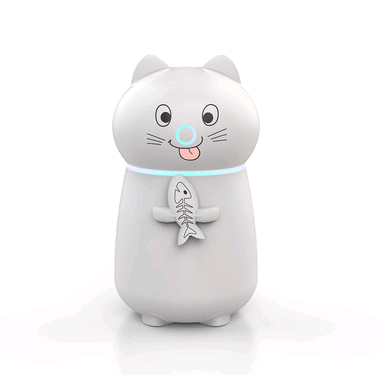 White cartoon cat humidifier with a pink tongue, black eyes, and whiskers, holding a fish skeleton, with a glowing blue light band.