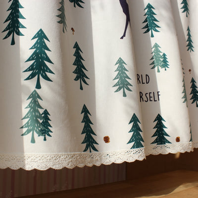 Christmas elk and pine tree short kitchen curtain with tab top and scalloped lace trim, featuring text. - Image 4