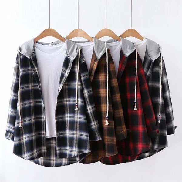 Camisa Cuadros Holgada con Capucha - Manga Larga