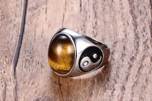Anillo de Acero Inoxidable con Ojo de Tigre y Símbolo Yin Yang para Hombre - Image 2
