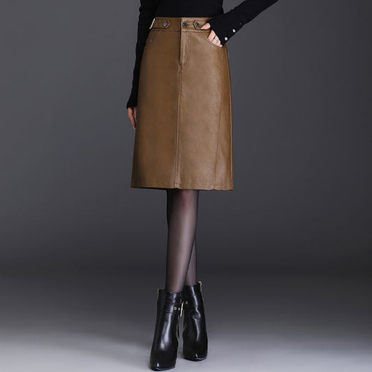 Falda de Cuero Cintura Alta Ajustada Midi Casual - Image 2