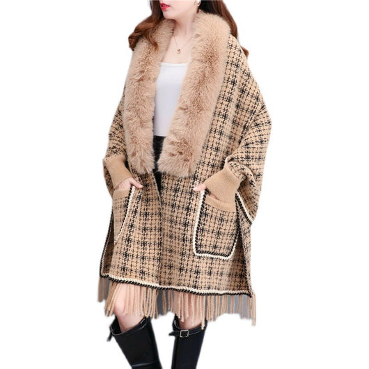 Poncho Cárdigan de Invierno con Cuello de Pelaje Sintético y Borlas - Talla Grande - Image 5